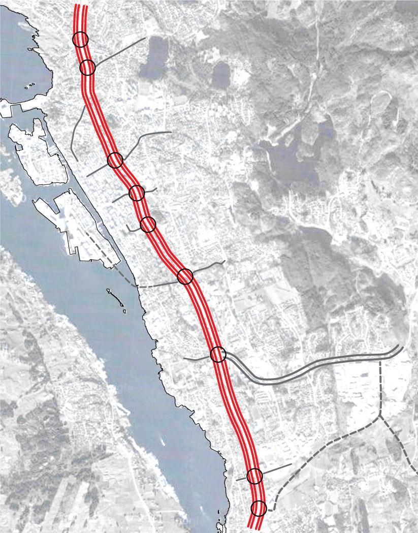 Alternativ utvidelse av dagens trasé 4 felt i dagen a) 4 kjørefelt på hele strekningen. Feltene kan benyttes av alle kjøretøyer.