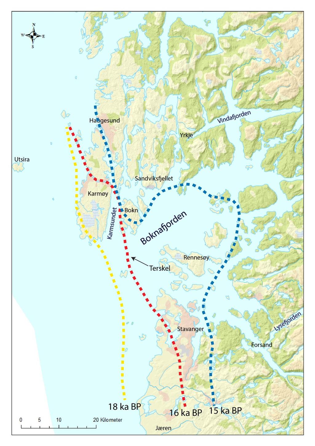 Kapittel 5 - Diskusjon Figur 5.4: Tilbaketrekningen av ismarginen 18 ka BP, 16 ka BP og 15 ka BP basert på de nye dateringene fra Bokn og den eksisterende kronologien rundt Boknafjorden (figur 5.3).