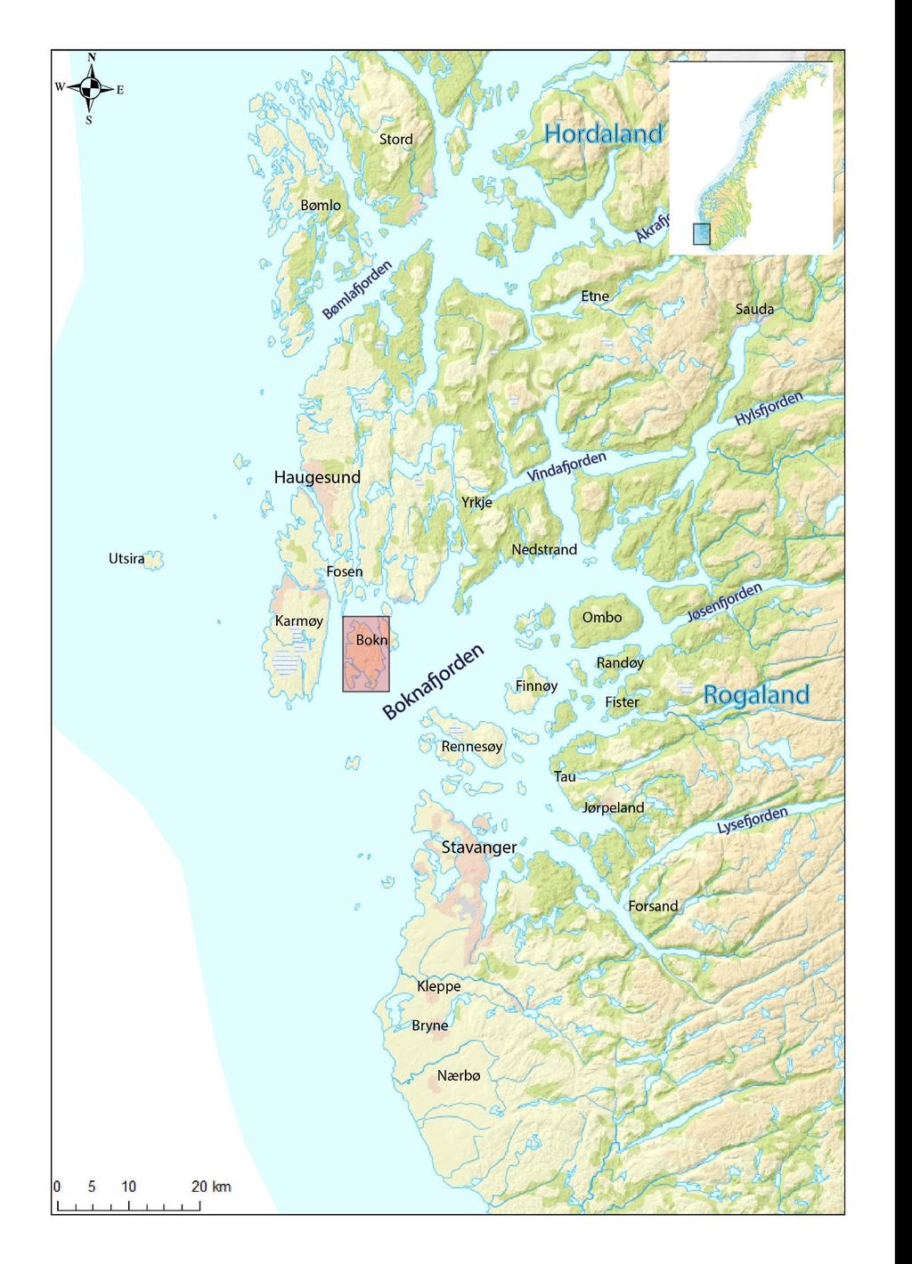 Kapittel 1 - Introduksjon Figur 1.1: Kart over Boknafjorden og omkringliggende områder i fylkene Rogaland og sørlige Hordaland.