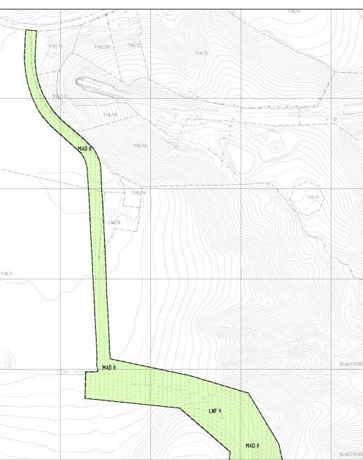 Figur 11 Regulert areal til formål LNF og bestemmelsesområde MAD (Midlertidig Anleggs- og Deponiområde) ved portalen i Daueruddalen