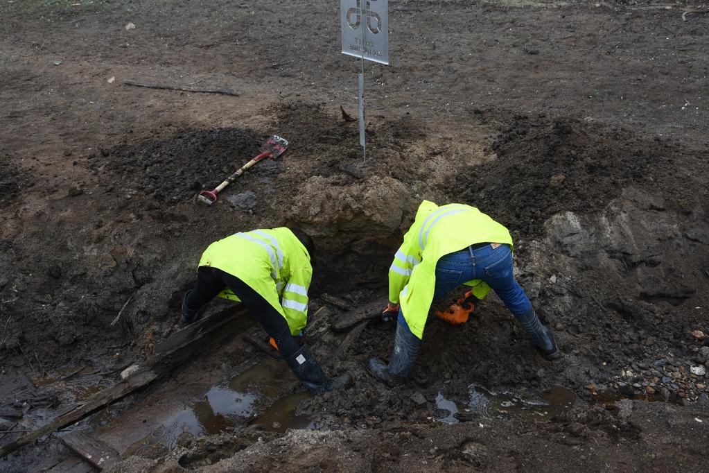 UNDERSØKELSEN FIGUR 3 UTGRAVNINGEN AV PRAMMEN Undersøkelsen ble gjennomført 15. juni 2016. Feltpersonalet bestod av arkeologene Claudia A. Arangua Gonzàlez, Matthew McCallum og Hilde Vangstad.
