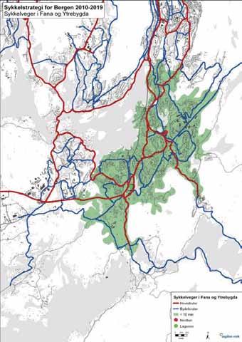 Inndalsveien og Storetveiveien er valgt som bydelsruter (blå). Wergeland er også en viktig del av den diagonale sykkelforbindelsen mellom Fjøsanger og Haukeland/ Landås. 6.7.