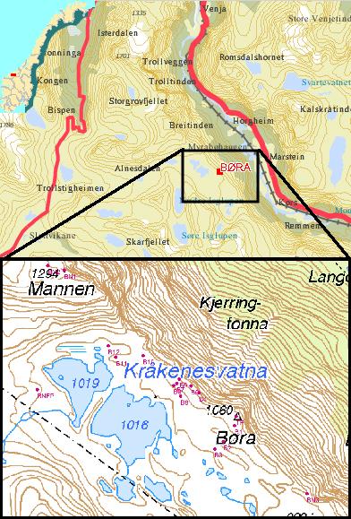 8 KAPITTEL 2. OMRÅDEBESKRIVELSE Figur 2.1: Det øverste kartutsnittet viser Børas plassering i Romsdalen.