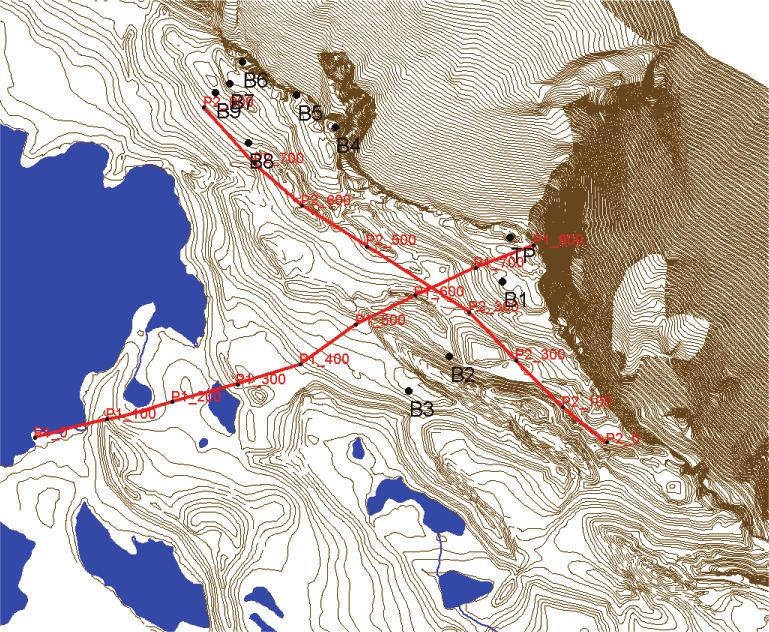 62 KAPITTEL 4. METODER Figur 4.11: Geoelktrikkprofilene og GPS-punktene.