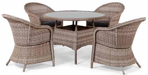 Hagemøbler 176619 SPISEGRUPPE EBELTOFT 5999,- Spisegruppe med fire stoler og rundt bord i herdet glass, lakkert aluminiumsramme,