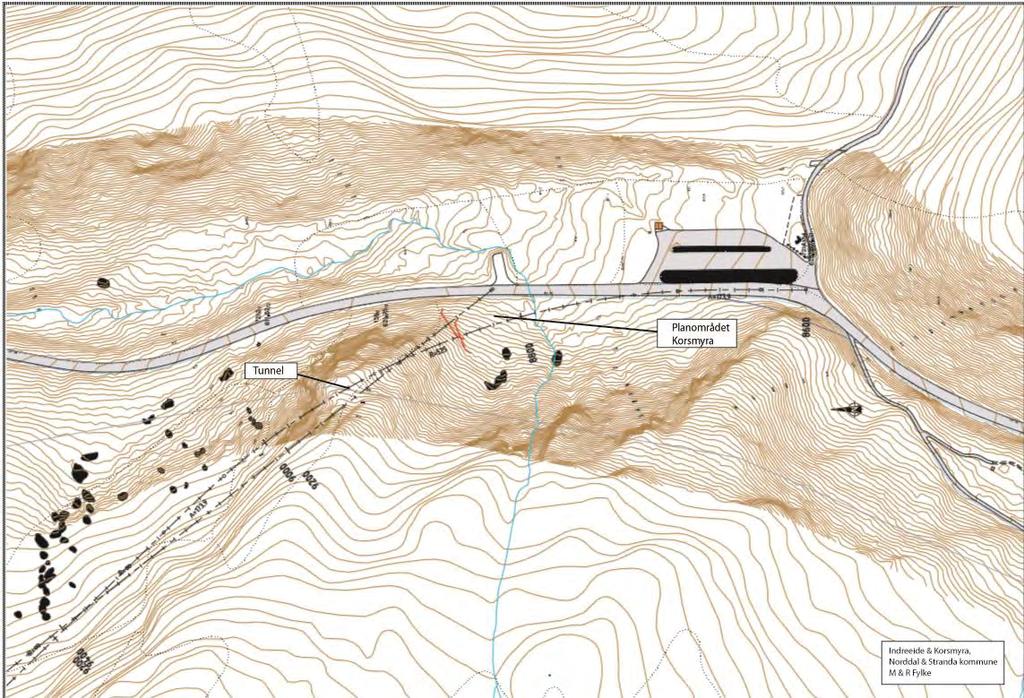Figur 4: Plankart med to alternative tunellinnslag ved Korsmyra. I figur 5 nedanfor viser den gule stipla linja ei rute som blei planlagt først.