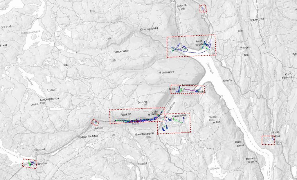 7. Tessungdalen 8. Haukås- Lurås 9. Gaustablikk 10. Skinnarbu Innenfor hvert område kan det være en til flere vann og/eller avløpsløsninger som skal tilstandsvurderes.