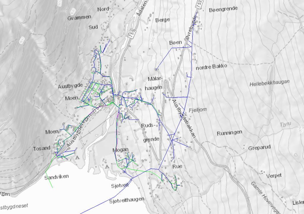 Figur 15-10: Oversiktskart over VA nett i Austbygde. 15.12.1 Avløpsledningsnett og tilhørende installasjoner. Avløpsvann ledes til Ausbygde RA via flere pumpestasjoner.