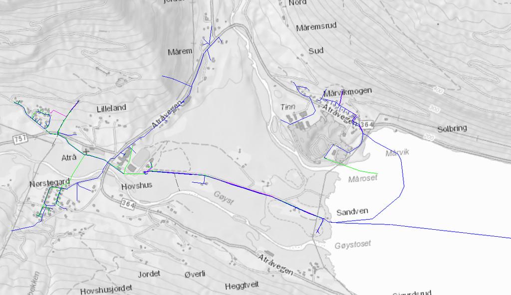 Atrå er en blanding av gammelt og relativt nytt. Det er behov for sanering av deler av ledningsanlegget. Figur 15-11: Kartet viser oversikt over VA ledningsnett i Atrå. 15.13.