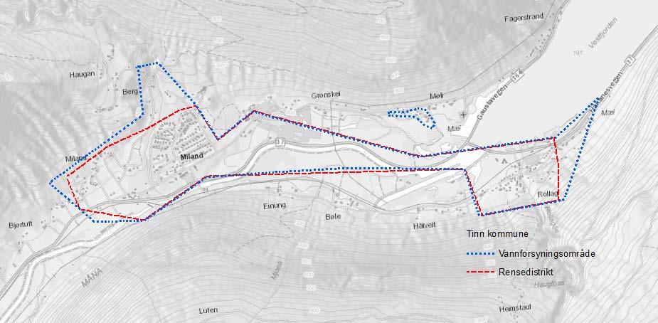16 Miland og Mæl Miland og Mæl er vurdert sammen som et forsyningsområde og rensedistrikt. I området bor det ca. 650 personer (figur 15-1).