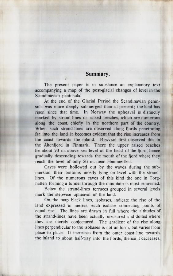 / Bummary. I^ne prebent paper i 8 in BubBtance an explanatorv text accompanvinz 2 map of tne pobt-^lacial cnanzeb of level in tne 3cana!inavian penin3ula.