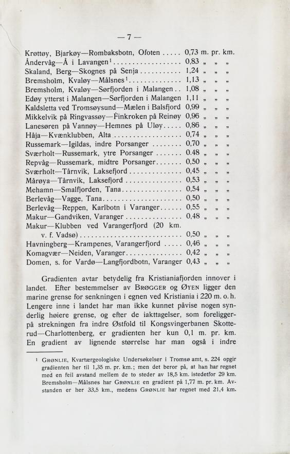 7 Krøttøy, Bjarkøy Rombaksbotn, Ofoten 0,73 m. pr. km. Åndervåg Å i Lavangen l 0,83 Skaland, Berg Skognes på Senja 1,24 Bremsholm, Kvaløy Målsnes 1 1,13 Bremsholm, Kvaløy Sørfjorden i Malangen.