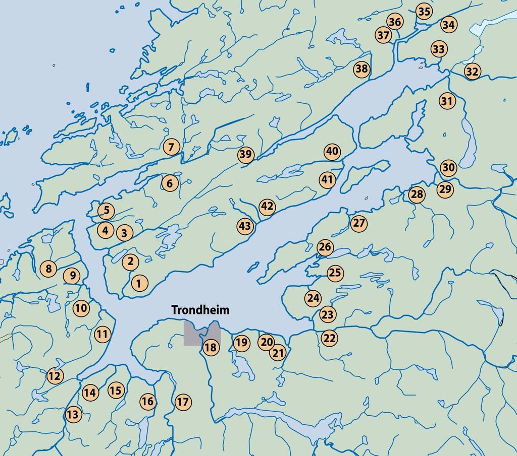 1. Prestelva 2. Botnen/Flyta 3. Skauga 4. Hasselelva 5. Harbergselva 6. Osaelva 7. Nordelva 8. Størdalselva 9. Lena 10. Tennelelva 11. Ingdalselva 12. Skjenaldelva 13. Orkla 14. Viggja 15.