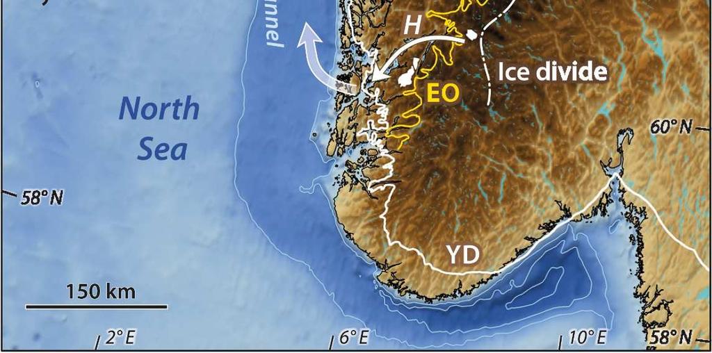 1) Grunnfjell med vesentlige granitter og gneiser i øst, 2) sedimentære bergarter i Bergensbuene presset mellom skyvedekker og 3) grunnfjell med granitter og gneiser i vest.