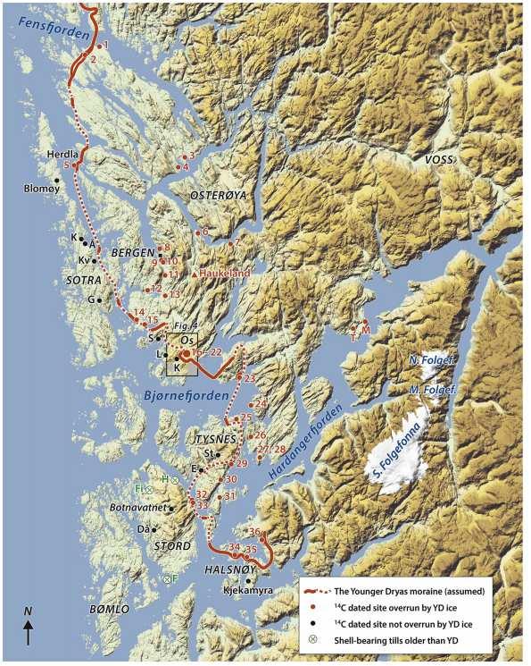 Kapittel 2 Geologisk og glasial historie Figur 2.11. Yngre dryas utbredelsen for Hordaland.