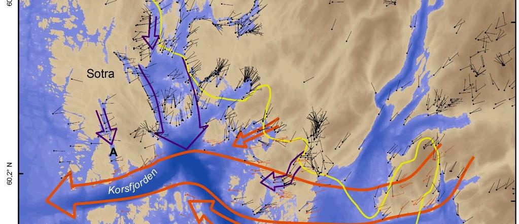 Strømningslinjer som følger fjordene helt ut til kysten.