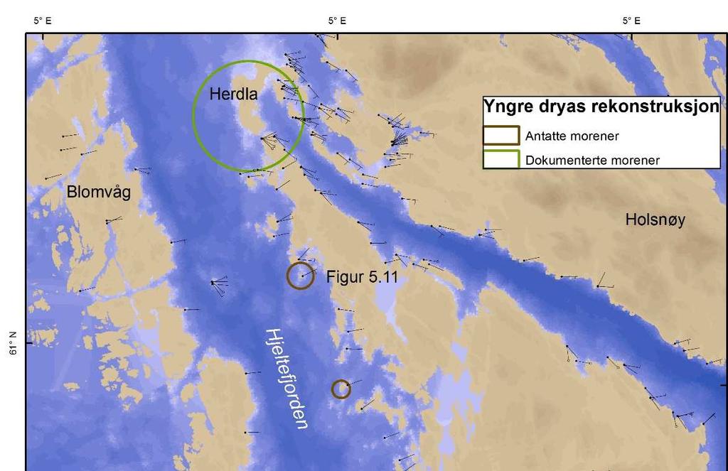 Kapittel 5 Tolkning og diskusjon av isbevegelse og tilbaketrekking Lengre sør ved øya Geitanger er det