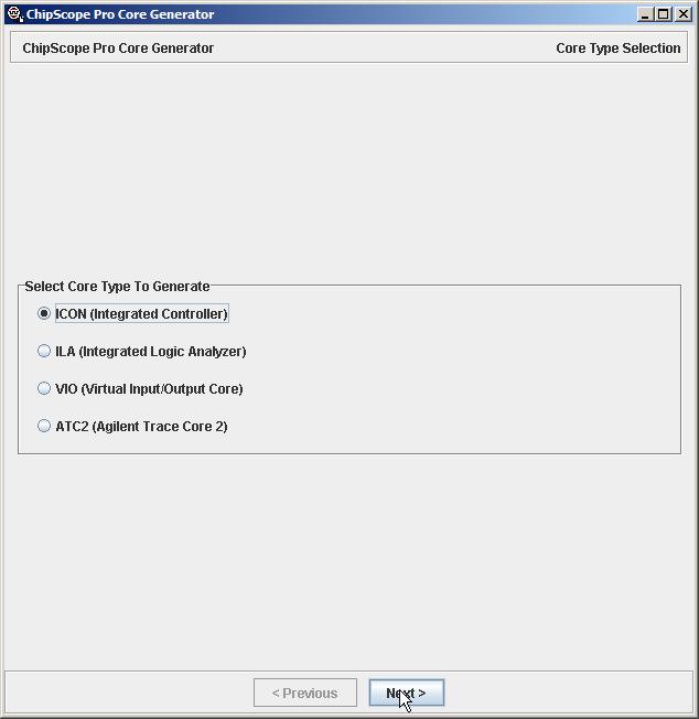 Generering av Chipscope kjerner Generering av ICON (Integrated Controller) modul Vi starter Chipscope Core generator ved Start=>Programs=>ChipScope Pro 9.