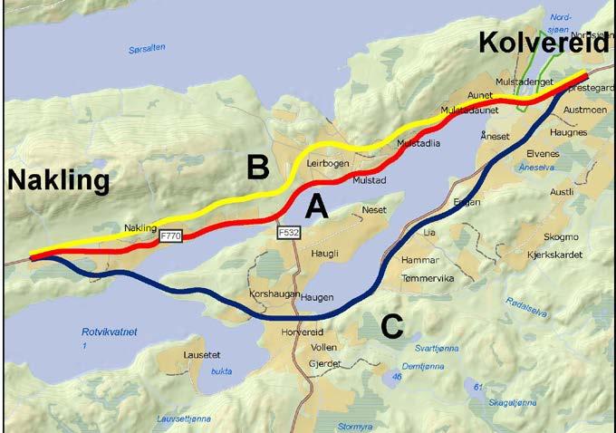 Det jobbes med flere alternative løsninger for å erstatte dagens veg mellom Kolvereid og Nakling.