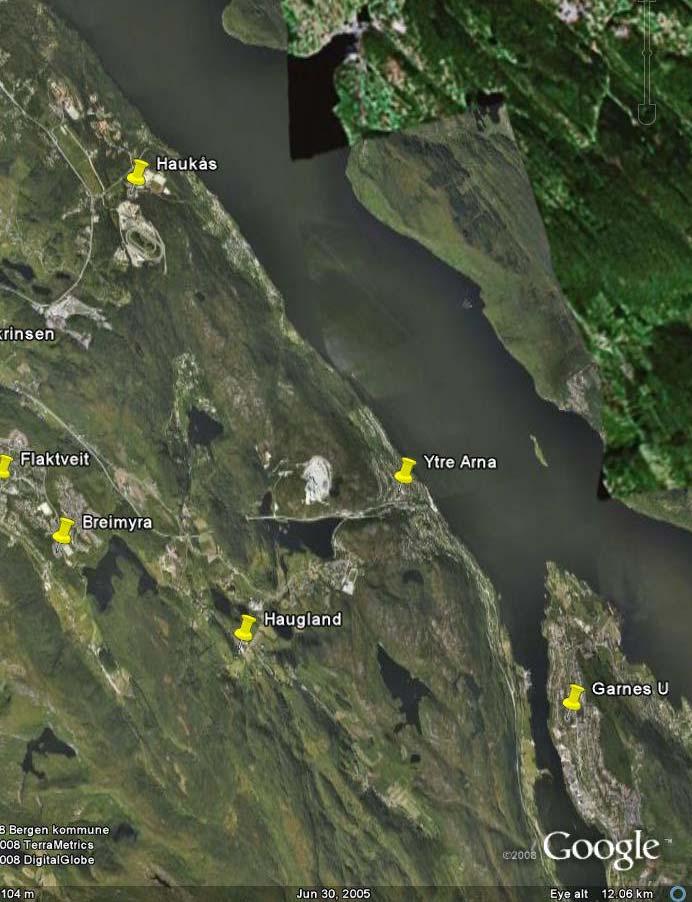 Fig 2: Flyfoto med markering av de tre skolene i Arna