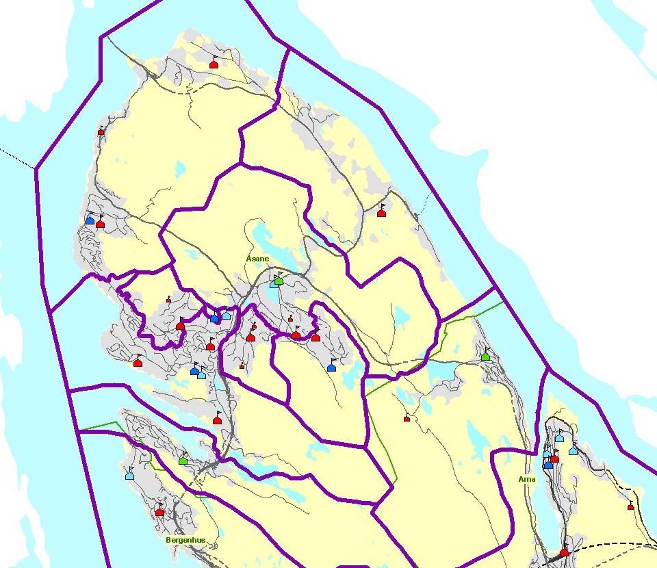 Arna Fig 4: Kart hvor inntaksgrenser for ungdomsskolene er markert (Kilde: www.bergenskart.