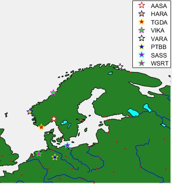 For å øke antall krysninger trengs flere tracker. Det ble derfor tatt inn tre nye stasjoner fra IGS-nettverket. Disse var PTBB, SASS og WSRT. Figur 8.14 og tabell 8.