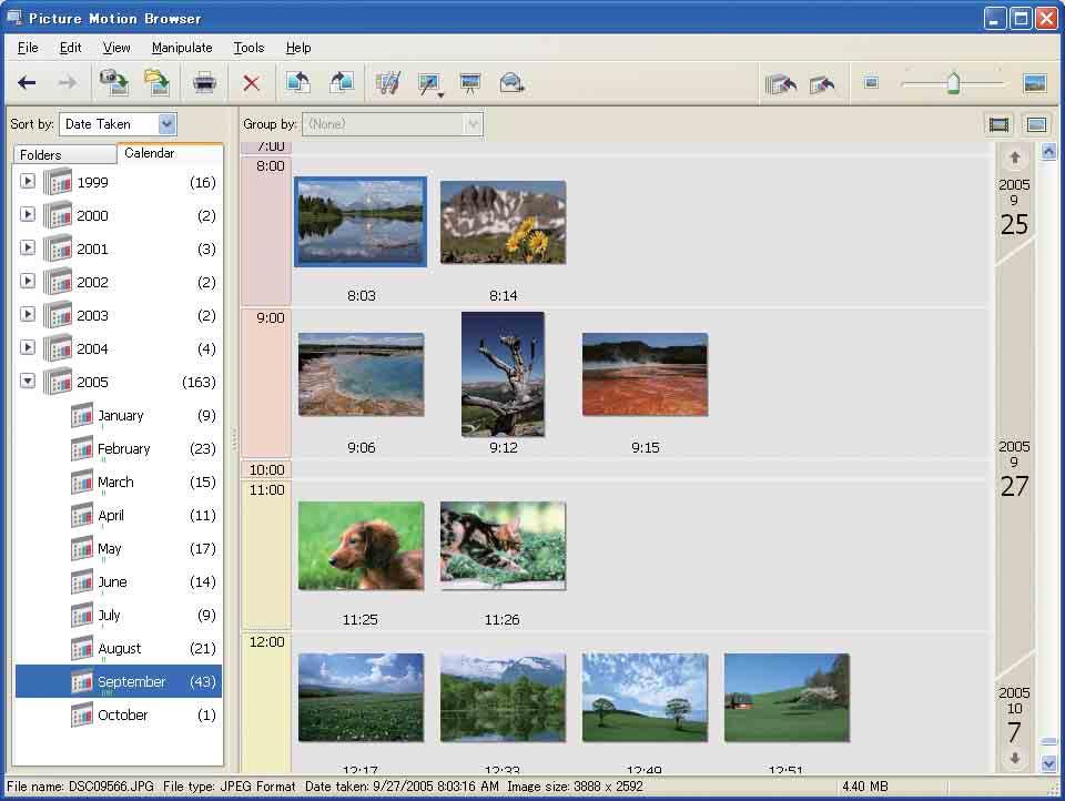 Bruke "Picture Motion Browser" (inkludert) Skjermbilde for timesvisning Vise bilder i fullskjermsmodus Du kan vise