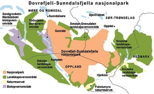 Figur 2.1: Dvrefjell-Sunndalsfjella nasjnalpark med mkringliggende landskapsvernmråder, bitpvernmråder g naturreservat.