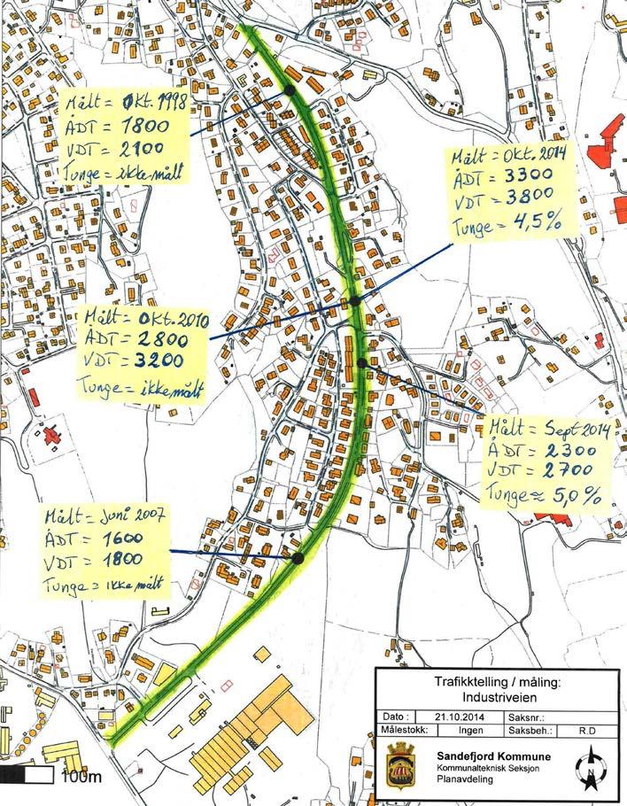 DETALJREGULERING FOR GANG- OG SYKKELVEI LANGS INDUSTRIVEIEN 4BESKRIVELSE AV PLANOMRÅDET SANDEFJORD KOMMMUNE 5 Som figur 2 viser så varierer dagens trafikkmengde fra ca. 1 600 ÅDT til ca. 3 300 ÅDT.