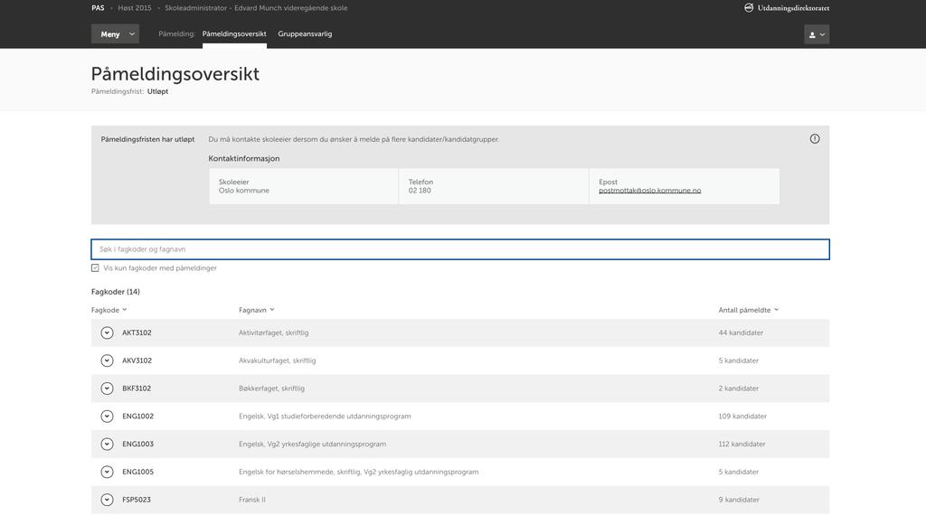 PÅMELDINGSOVERSIKT I denne visningen kan skoleadministrator se hvilke fagkoder som har påmeldte kandidater fra sin skole,
