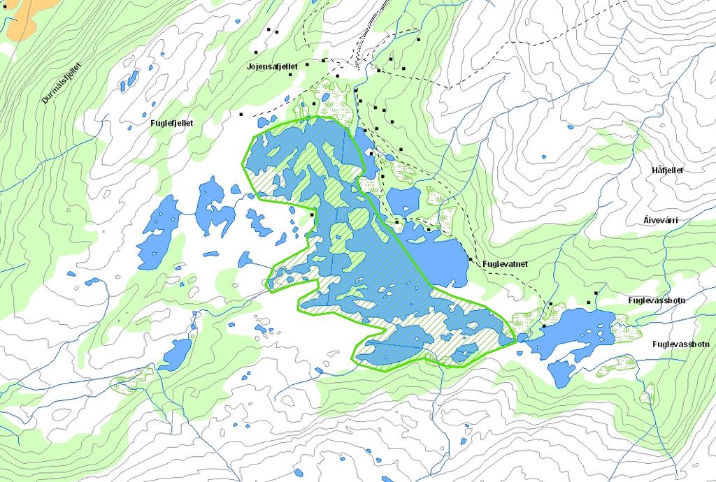 Prioritert viltområde 8 Fuglevatn Verdisetting B viktig viltområde Høyde over havet (m) 340 UTM (WGS84) 33W WR 678 832 Dette vannet har mange holmer og øyer med rik vegetasjon.