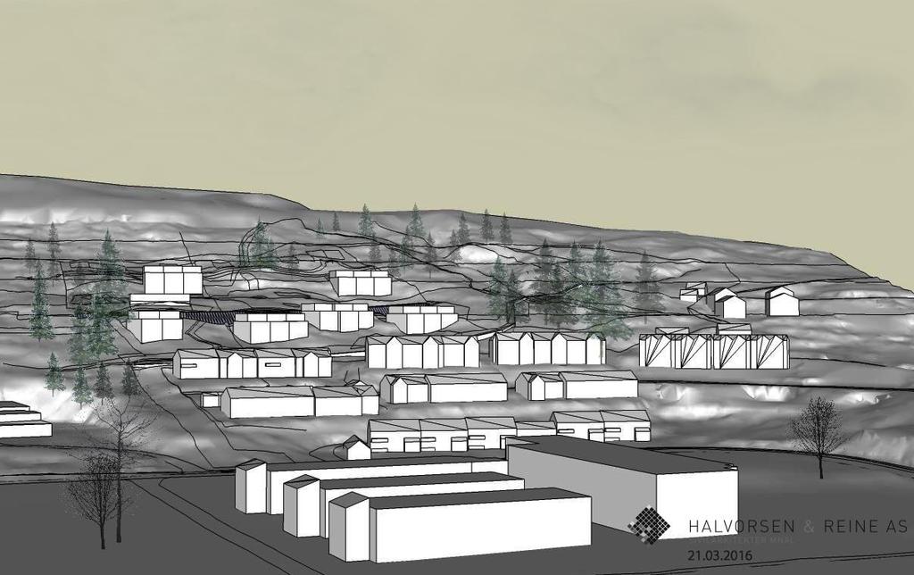 Ett forslag til hvordan ny bebyggelse kan bli seende ut, sett