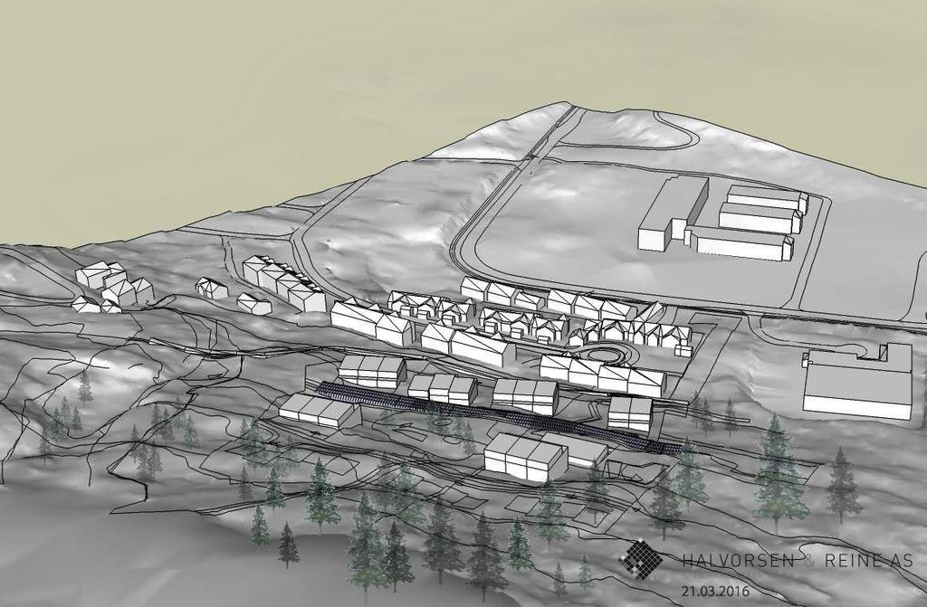 Forslag til ny bebyggelse, sett fra turdraget i syd.