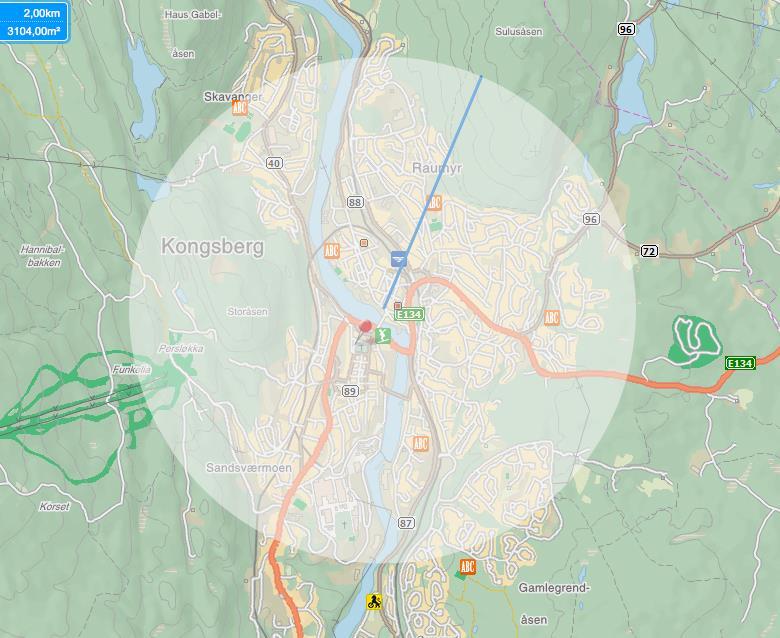 Figur som viser en radius på ca. 2.0 km fra Kongsberg sentrum. Planområdet ligger godt innenfor en radius på 2.0 km fra Kongsberg sentrum. 4.7. Vegetasjon - behandling av eksisterende og ny.