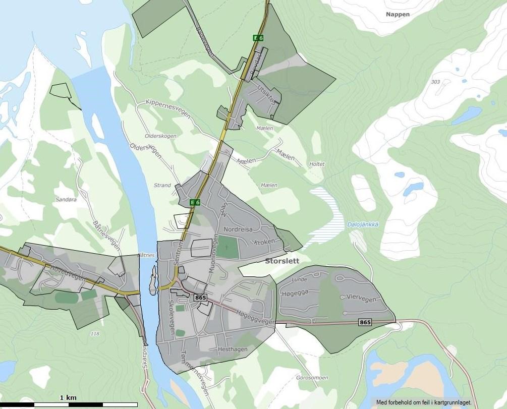 Figur Kartutsitt med regulerte områder markert grått og plaområdet markert gult. 4.3.