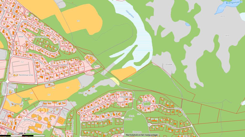 Plaområdet markert på kartutsitt med markslag markert 4.4. Eksisterede bebyggelse Ie plaområdet er det ige bebyggelse i dag.