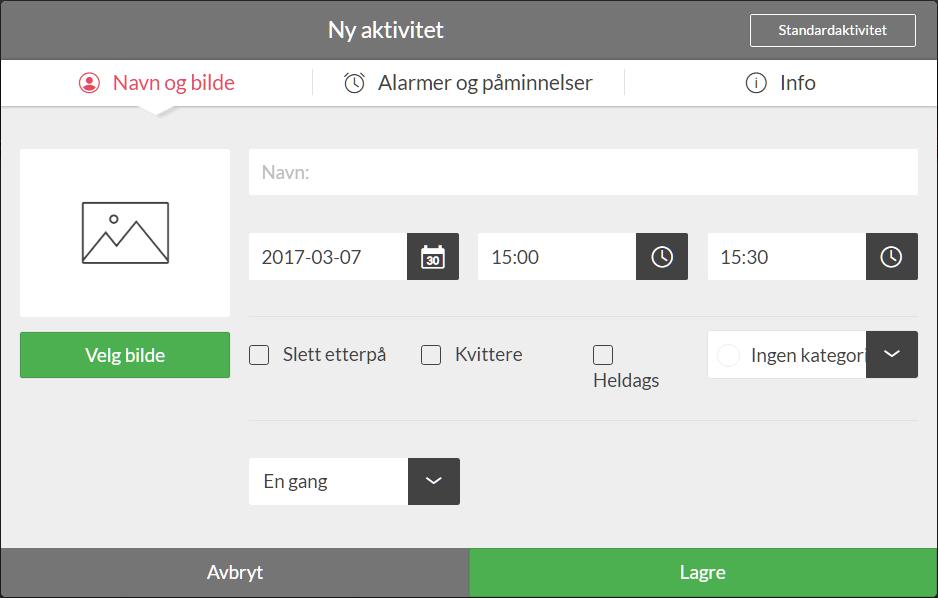 Kalenderen Ny aktivitet Trinn 1: Navn og bilde 1. Klikk på et tidspunkt i kalenderen for å velge dato og tid.