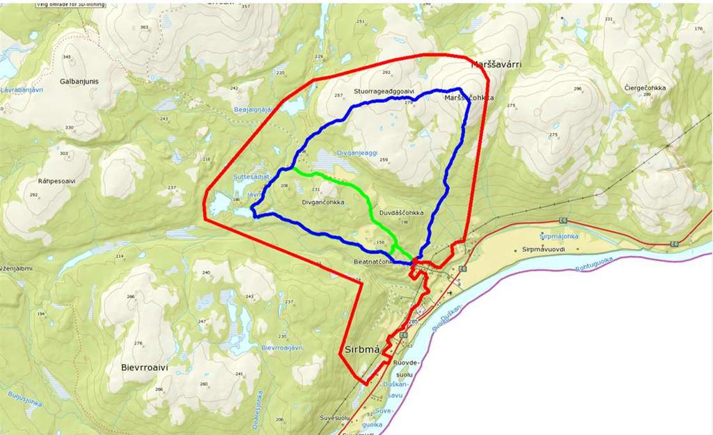 Kart. 2. Markaområde i Sirma, klassifisert som «viktig friluftsområde». markaområdet. Blå og grønne linjer er merkete turstier sommerstid.
