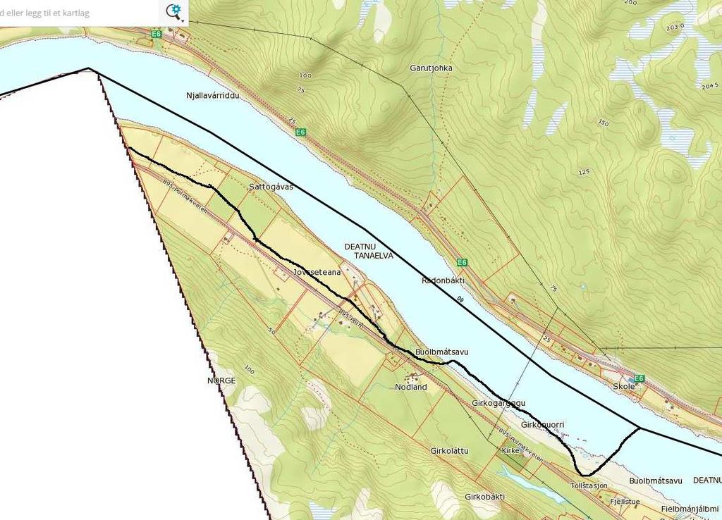 Støy: Ihtt. støykartet (se SWECO, 2016. Tana kommune, støykartlegging, snøskuter) ligger flere bygninger langs traséen i gul sone.