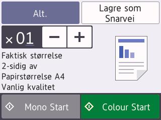 4 Kopi Kopier et dokument Sørg for at du har matet inn riktig papirstørrelse i papirmagasinet. Trykk på for å endre kopieringsinnstillingene kun for neste kopi. Når du er ferdig, trykk på [OK].