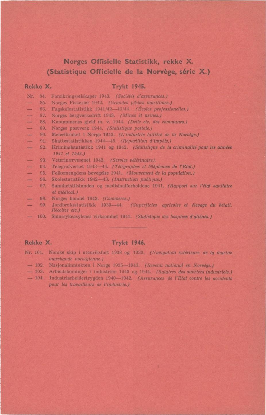 rges Offisielle Statistikk, rekke X. (Statistique Officielle de la rvège, série X.) Rekke X. Trykt 1945. 84. Frsikringsselskaper 1943. (Sciétés d'assurances.) 85. rges Fiskerier 1942.
