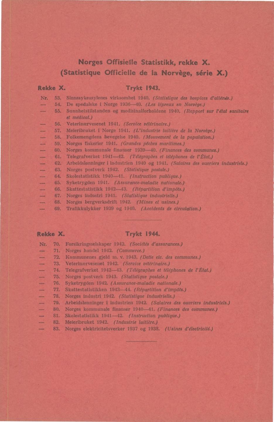 rges Offisielle Statistikk, rekke X. (Statistique Officielle de la rvège, série X.) Rekke X. Trykt 1943. 53. Sinnssykeasylenes virksmhet 194. (Statistique des hspices d'aliénés.) 54.