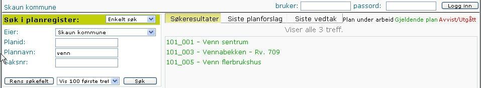 Man kan foreta et enkelt søk, et mer avansert søk, eller velge standardsøk. Forklaring følger under. 4.2 Frie søk i planarkivet Etter at du har valgt eierkommune, kan du søke i planarkivet.