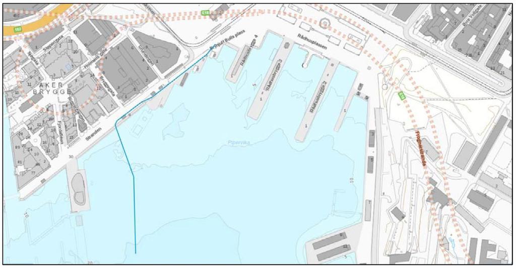 2. OMRÅDEBESKRIVELSE Det er planlagt å installere ledning for inntak av sjøvann i Pipervika ved Aker Brygge og utslipp i innerst del av Pipervika.