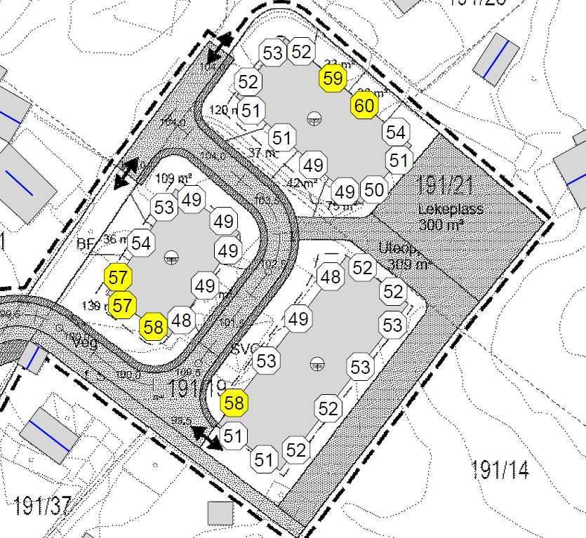 Figur 2 Støynivå ved fasade, L den (db) for plan 1 (laveste etasje). Merk at bygningen i sørøst får et beregnet lydinnfall fra vest og støy 57dB på fasaden.