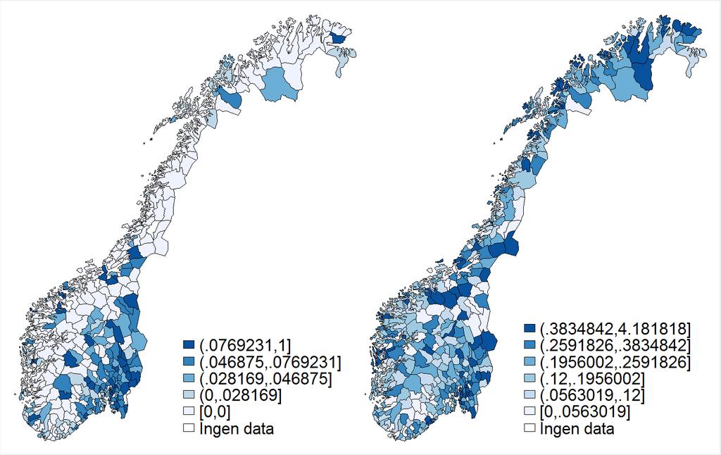 Figur 8: Indikatorer på arbeidslivskriminalitet fordelt per kommune. T.v.: Skatteetatens tallmateriale (se definisjon i figur 7). T.h.: Arbeidstilsynets tallmateriale (se definisjon i figur 8).