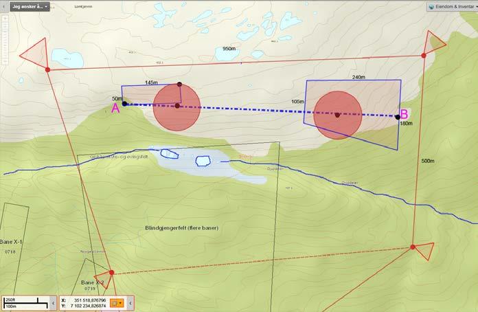 Dette er skissert i Figur 2.2 med blå heltrukken linje som viser anbefalte målområder og en stiplet blå linje mellom punkt A og B som ble ansett å kunne egne seg som målområde.
