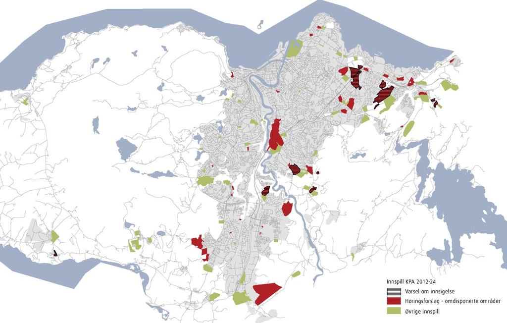 Kartet nedenfor viser samtlige innkomne forslag til utbyggingsområder, områder som ble lagt ut på høring og områder som har varsel om innsigelse.