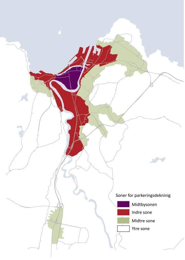 lokalisering og type. Kravene er gitt for boliger, kontor og forretning i indre, midtre og ytre sone. Hensikten er både å sette av nok areal til parkering og å redusere bruken av bil.
