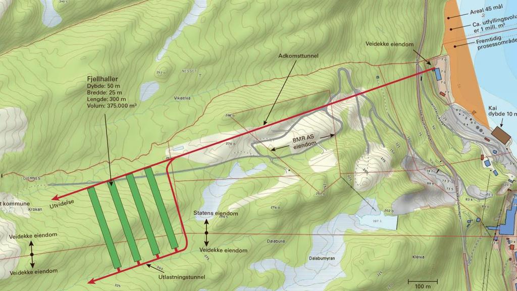 Figur 2. Kart som viser planlagt hallområde med adkomsttunnel. Tabell 1 viser tekniske data for alle borehull. Hullene ble logget i løpet av januar.